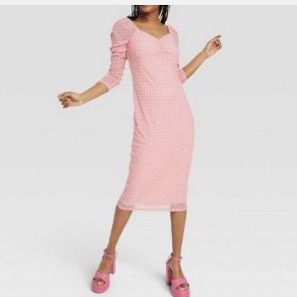 House of Aama Women's Medium Dress Pink A-Line Midi Long Sleeve Black History